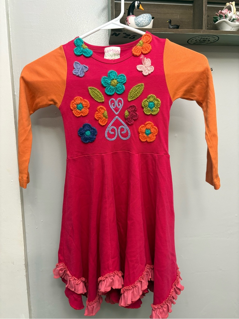 Lemon Loves Lime Pink Dress with Orange Sleeves and Multicolor Floral Appliqués